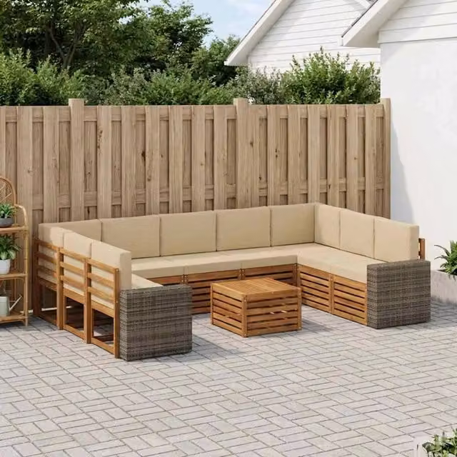 Set di divani da esterno a L con tavolino vidaXL in legno di acacia e tessuto beige resistente ai raggi UV – 1