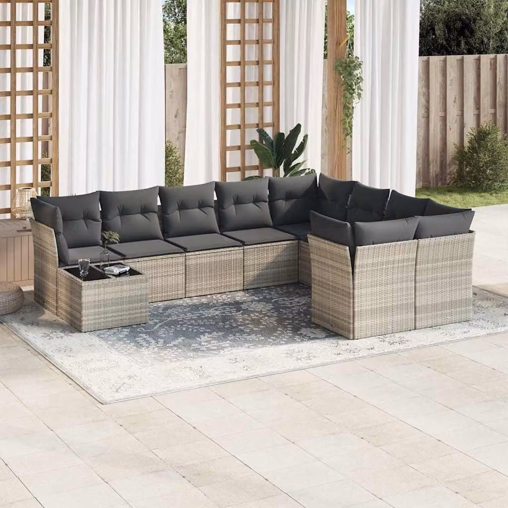 Set Divano da Giardino vidaXL 10 Pezzi a Forma di L con Cuscini Grigio Chiaro in Polyrattan e Tavolino da Esterno – 1