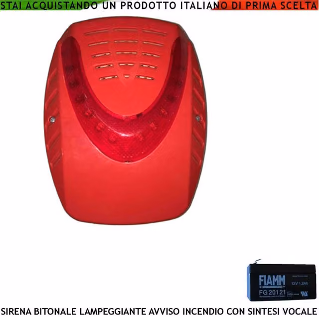 Sirena elettronica lampeggiante rossa Securvera per allarme incendio esterna con batteria 12 V 1,2 Ah alimentata a 24 VCC e sottocoperchio antischiuma