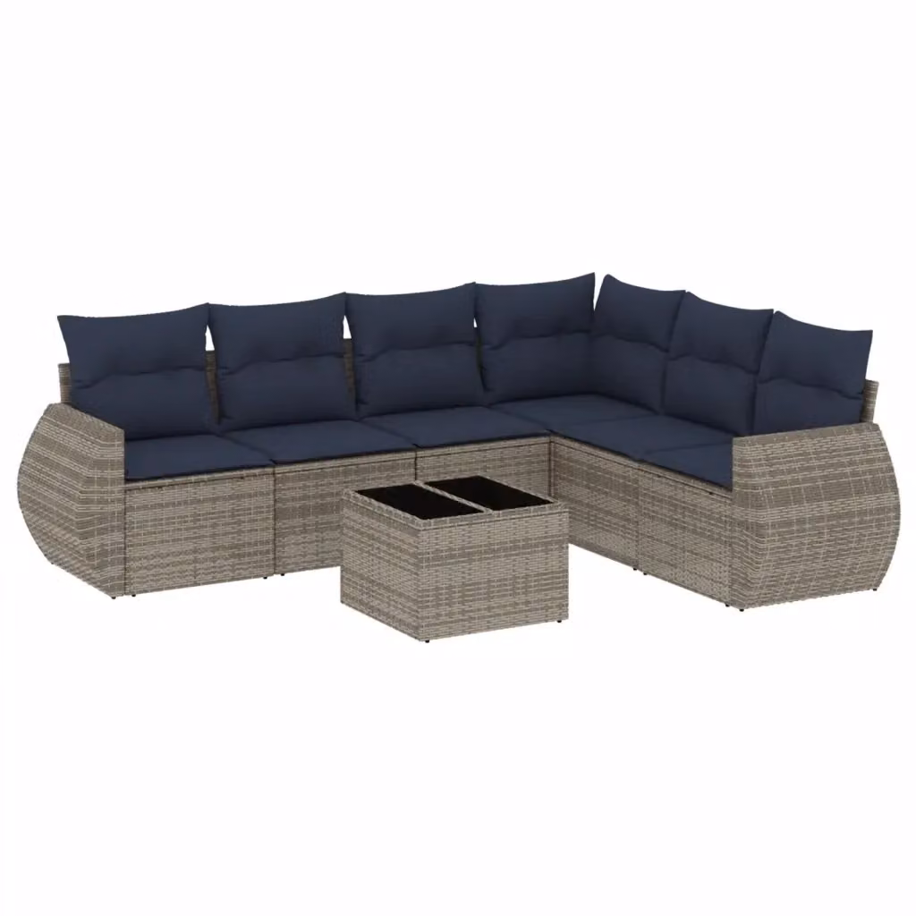 Set Divano da Giardino a L con Tavolino vidaXL, 7 Pezzi in Polyrattan Grigio e Blu con Cuscini Imbottiti e Coperture Rimovibili – 2