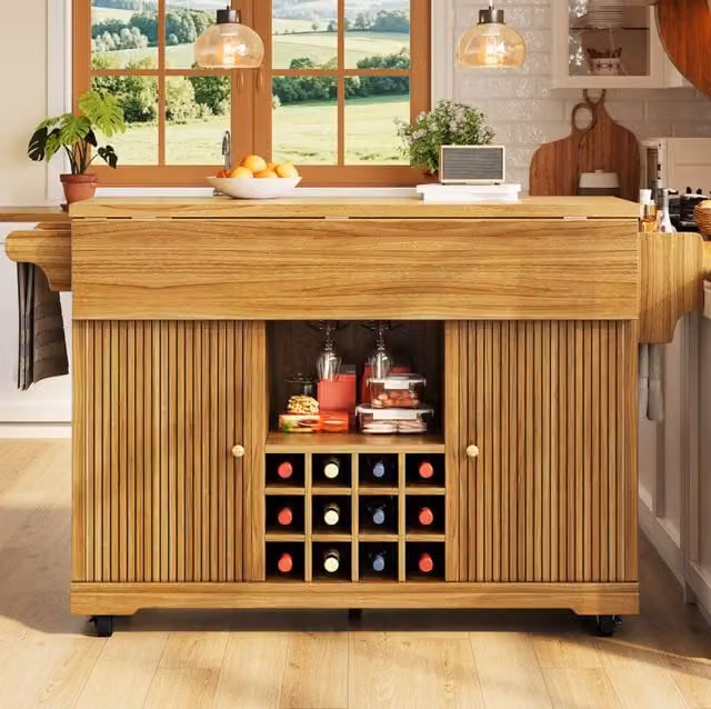 Carrello da cucina ULEVR 142,5x80x95 cm con piani laterali pieghevoli, ripiani regolabili e portabottiglie, marrone scuro