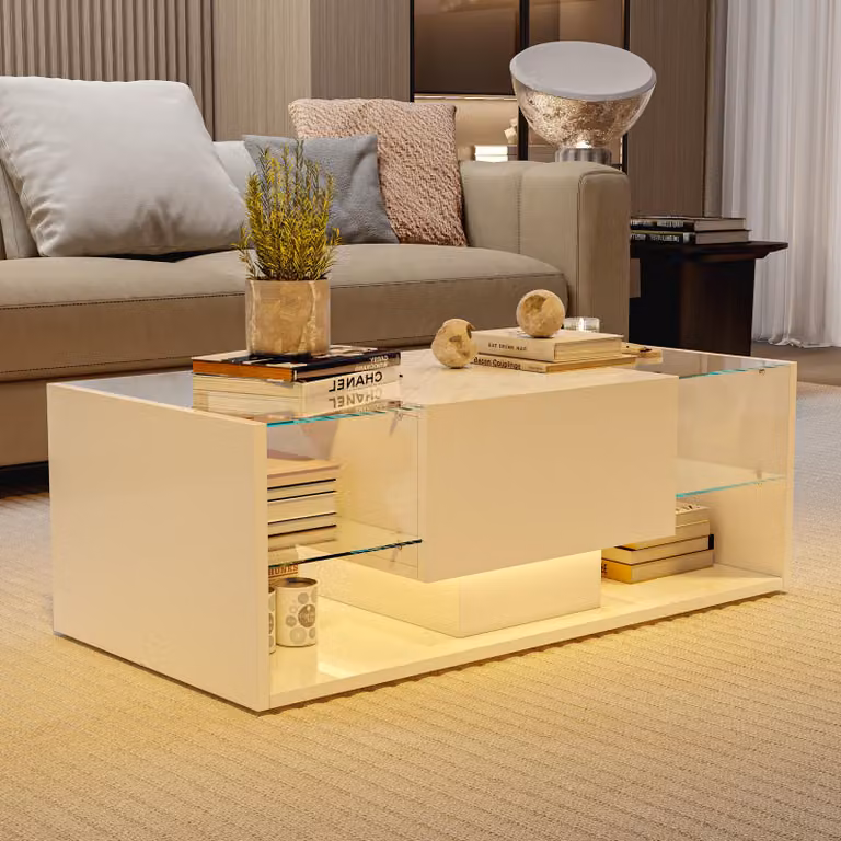 UnboxG Tavolino da salotto lucido con illuminazione a LED e cassetti, tavolino da divano con vano portaoggetti, 100×50×35 cm