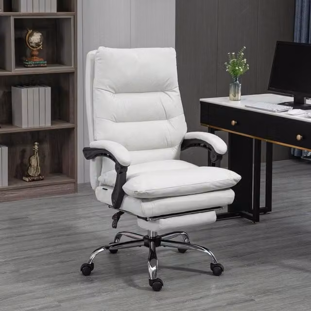 Sedia da ufficio executive OKWISH massaggiante con schienale reclinabile 135 e poggiapiedi in poliestere bianco, L: 65 cm, P: 72 cm, H: 109-117 cm – 1