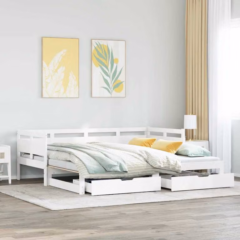 vidaXL Letto Estrattibile con Cassetti in Legno di Pino Bianco L/P/H: 203.5 x 98 x 66 cm
