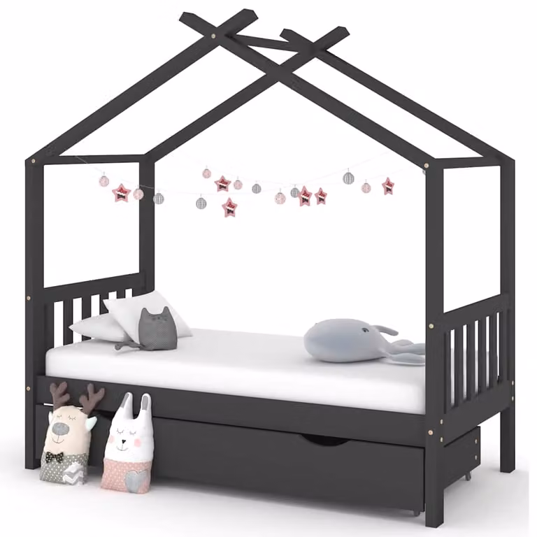 vidaXL Giroletto per Bambini in Legno di Pino con Cassetto, Colore Grigio, L/P/H: 160 x 80 x 173 cm
