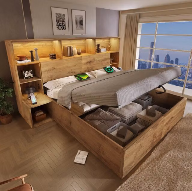 Letto matrimoniale 160x200 cm in effetto rovere con contenitore, luci LED, porte USB-C, comodini integrati e rete a doghe con materasso incluso