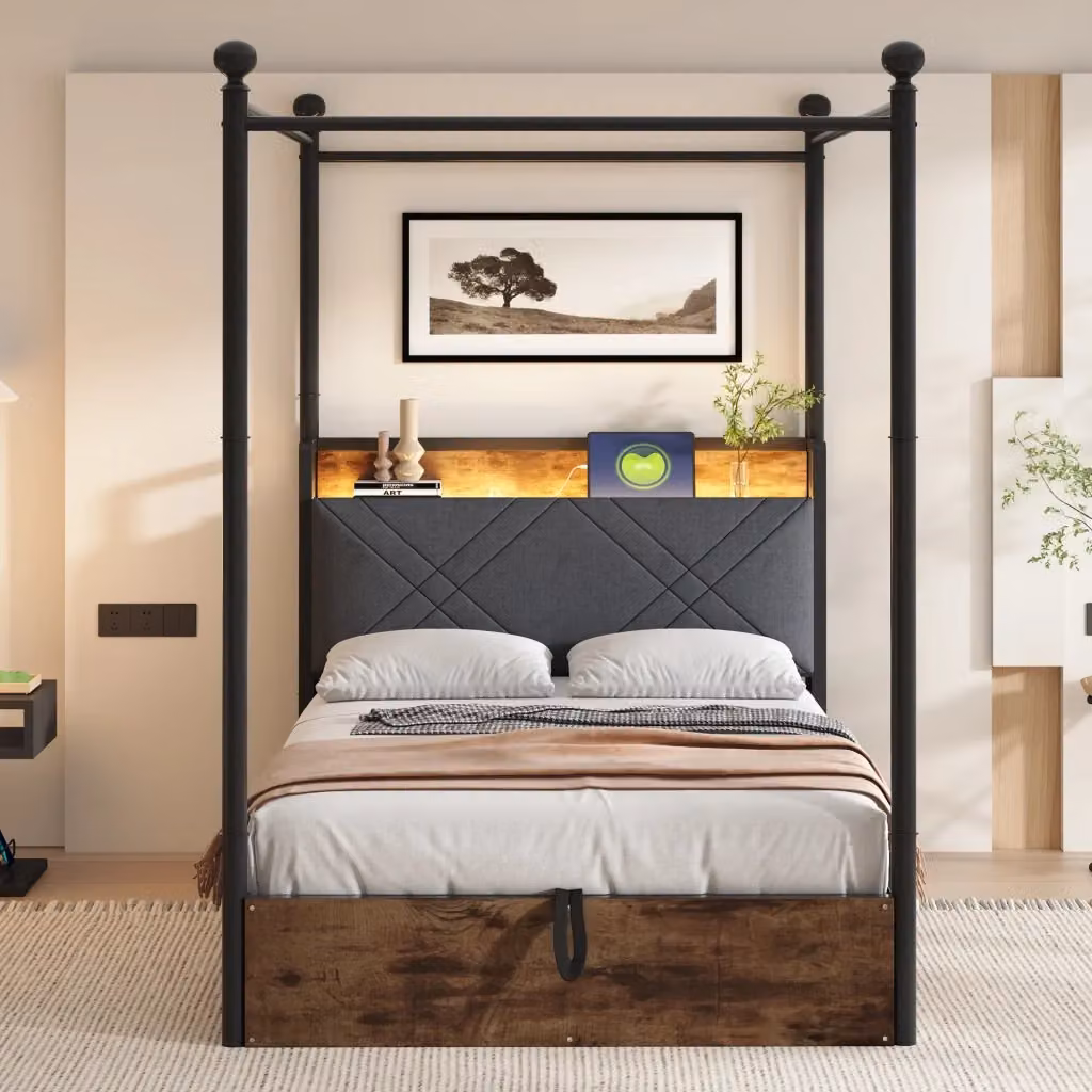Letto a baldacchino multifunzione REDOM in metallo nero e legno con base a sollevamento, illuminazione LED e porte USB, L/P: 90 x 190 cm – 2