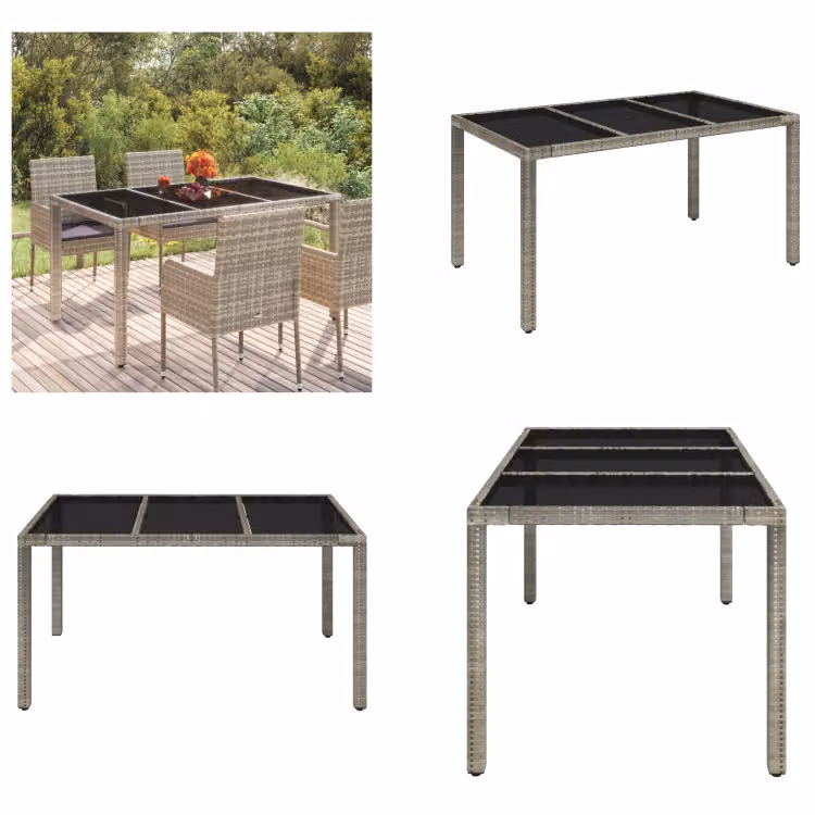 vidaXL Tavolo da giardino con piano in vetro grigio 150x90x75 cm Poly Rattan - Tavolo da giardino con piano in vetro - Tavoli da giardino con piano in vetro - Mobili da giardino - Tavolo da pranzo