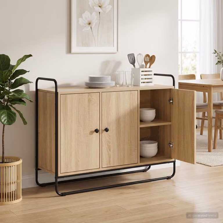 Credenza vidaXL in stile industrial color rovere Sonoma, realizzata in legno ingegnerizzato e metallo, L 102 x P 35 x H 75 cm