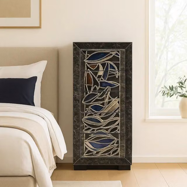 Cassettiera Leaves con 6 cassetti Duzzle in legno multicolore e nero con design moderno astratto