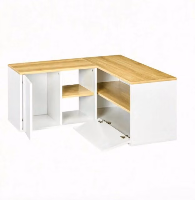Mobile TV angolare in pannelli truciolari bianco e legno chiaro, 90x90x45 cm, con ripiani aperti e vani chiusi