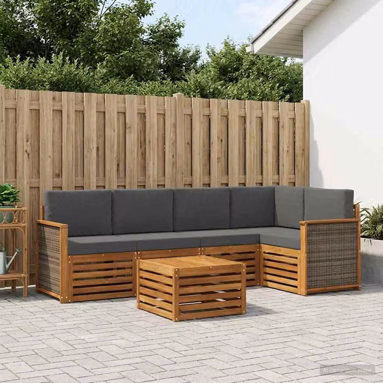 Set di divani da esterno vidaXL in legno di acacia con cuscini, composizione a L con tavolino, colore naturale e antracite