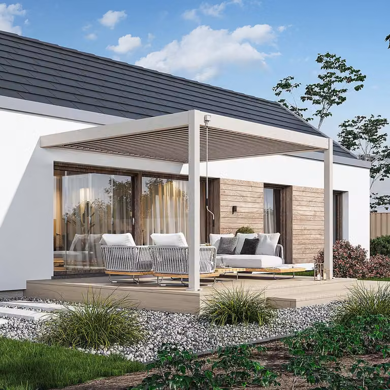 Pergola da parete Weide Deluxe interamente in alluminio, 3,6x4 m, con tetto a lamelle color Ivory Sand