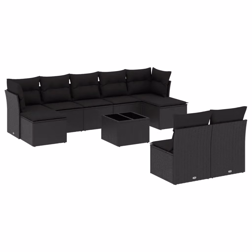 vidaXL Set Divani da Giardino a Forma di U in Polyrattan Nero con Cuscini e Tavolino da Esterno – 2