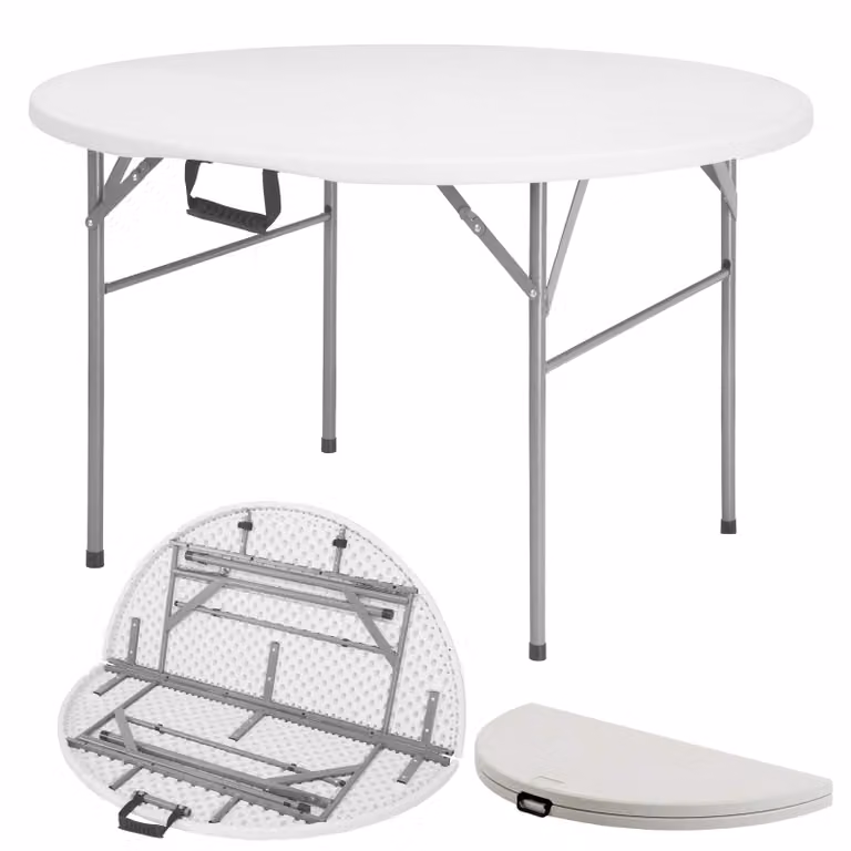 Tavolo pieghevole Shiga Tavolo rotondo da giardino bianco pieghevole con maniglia di trasporto diametro 120 cm