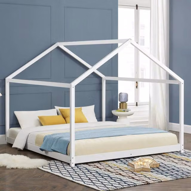 Letto per cameretta Cerro a forma di casetta en.casa in legno di pino bianco L/P/H: 206 x 160 x 143 cm