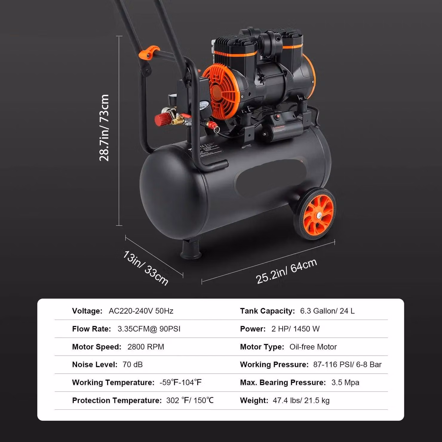 Compressore d'aria silenzioso e senza olio - Compressore d'aria - Compressore d'aria per gonfiaggio pneumatici - Basso livello di rumore (70 dB) - Capacità di 6,3 galloni