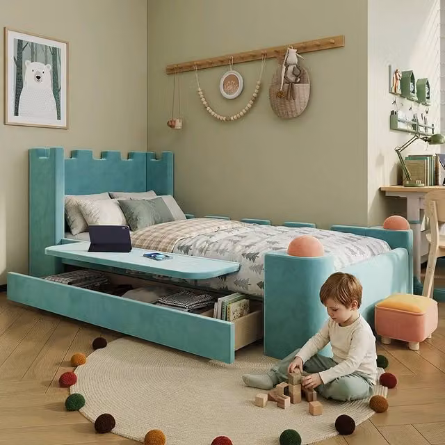 Letto imbottito singolo con cassetto ¨C Minimal ¨C blu velluto 90x200 cm