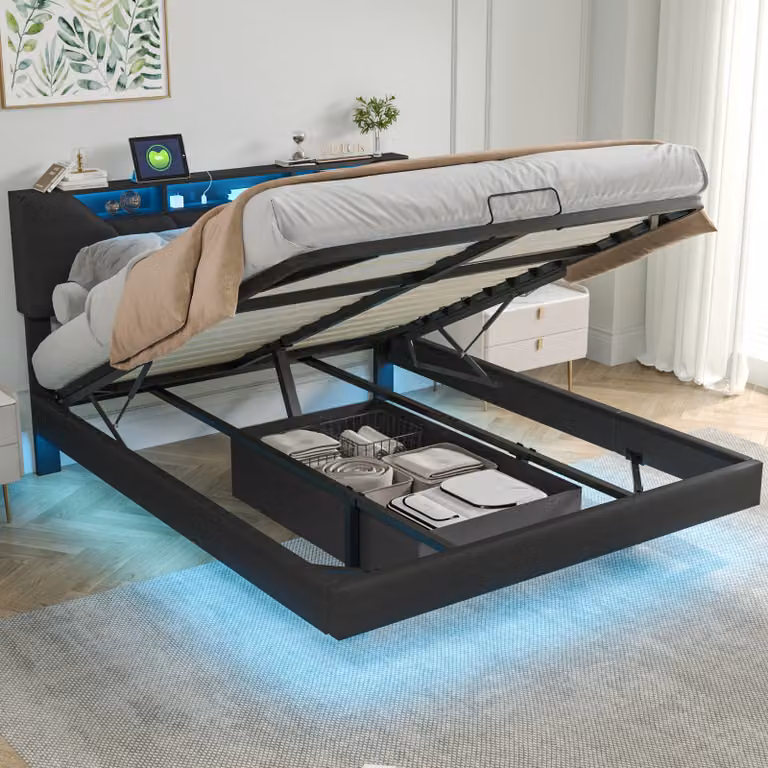 UnboxG letto imbottito 160x200cm con USB e Type-C, letto matrimoniale per ragazzi con LED, letto contenitore idraulico con rete a doghe, PU, nero