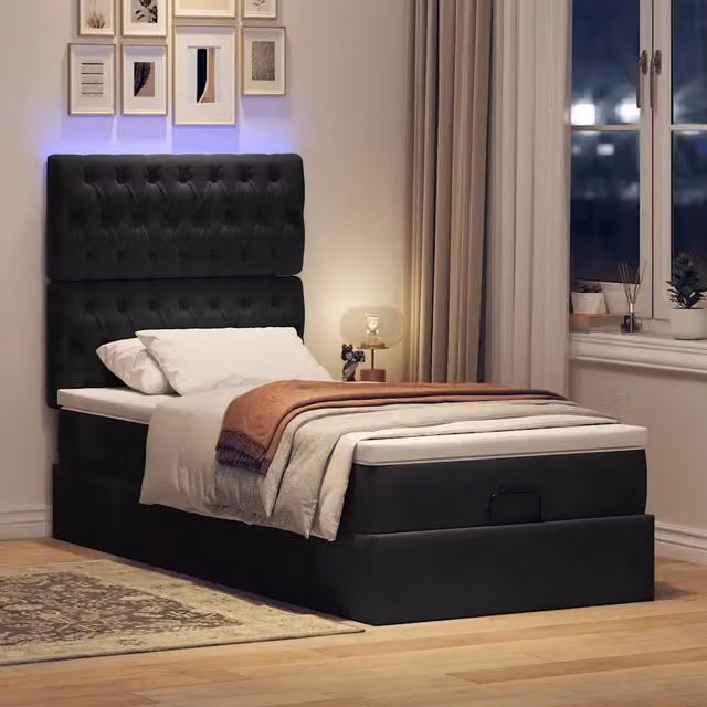Letto moderno con contenitore a sollevamento vidaXL in velluto nero e bianco con illuminazione sottostante e porta di ricarica USB L/P/H: 203 x 100 x 140 cm