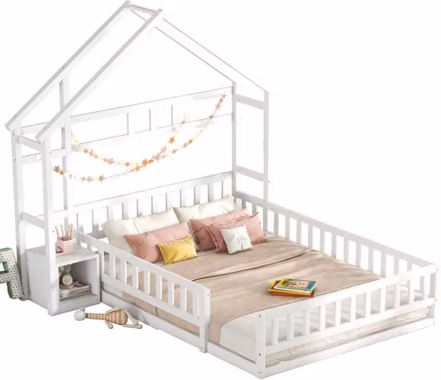 Letto a casetta per bambini 200x90 cm in legno bianco con contenitori， senza materasso