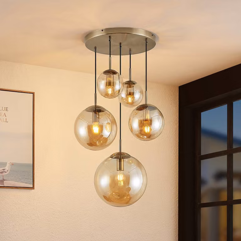 Lampada a sospensione in vetro Teeja Lindby, dimmerabile, Crema / Ambra, Soggiorno / Sala da pranzo, Vetro, Vintage, Lampada a sospensione