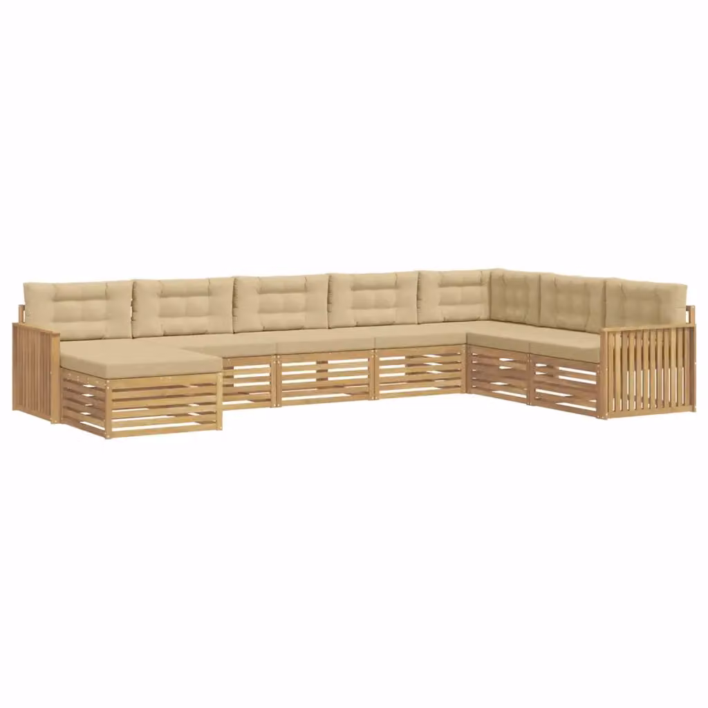 Set di divani da esterno a L vidaXL in legno di acacia con pouf e cuscini, Bianco e Beige – 2