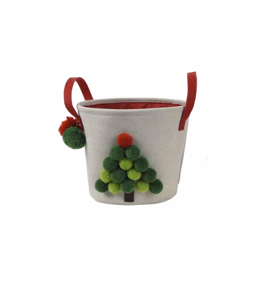 Decoris Basket Beige - Cesta Rotonda con Pompon - 25x20,5 cm