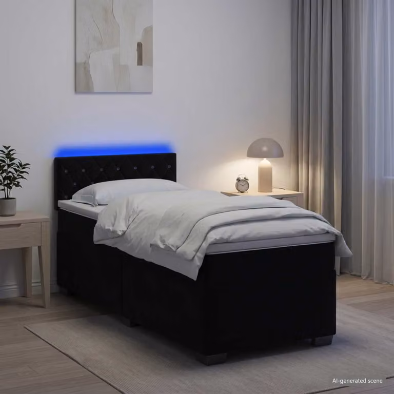Letto con Box Spring vidaXL in Velluto Nero con Materasso a Molle Pocket e Illuminazione LED USB L/P: 80 x 200 cm