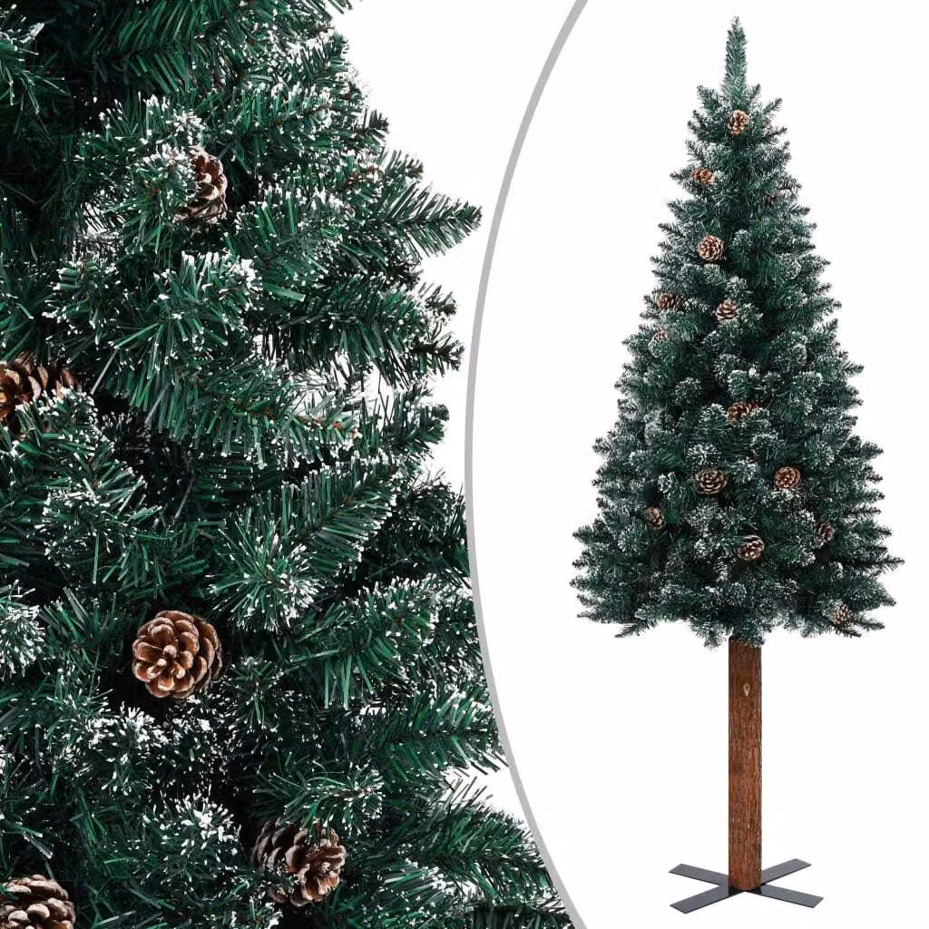 Albero di Natale Sottile con Legno Vero e Neve Verde 150 cm