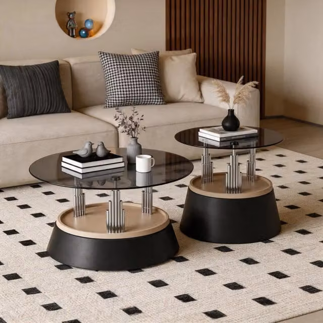 Set da 2 tavolini rotondi REDOM in vetro temperato e metallo nero per il tuo soggiorno – 1
