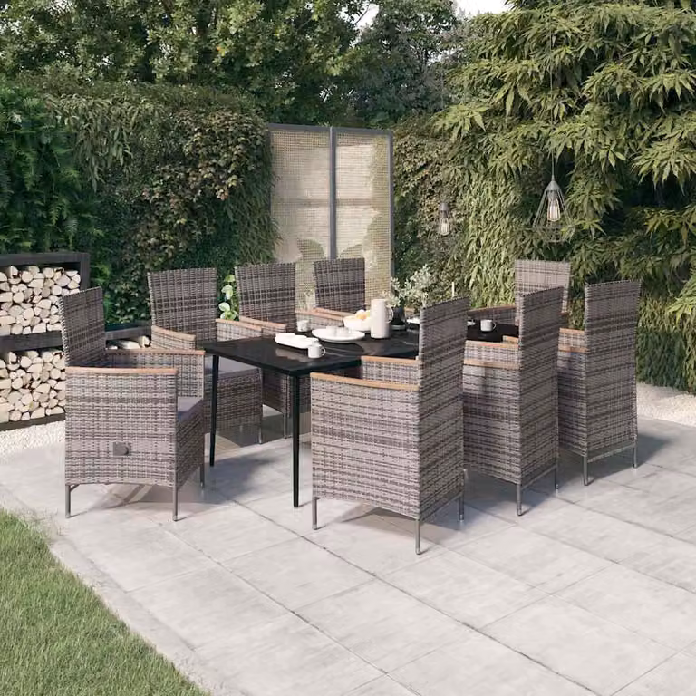 Set da pranzo da giardino vidaXL in polyrattan e legno di acacia con cuscini, 9 pezzi, Grigio e Nero