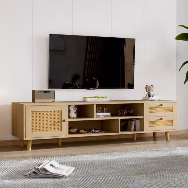 Mobile TV Mivray in rovere e rattan marrone e beige con 2 cassetti e passacavi L/P/H: 160 x 39 x 40.5 cm