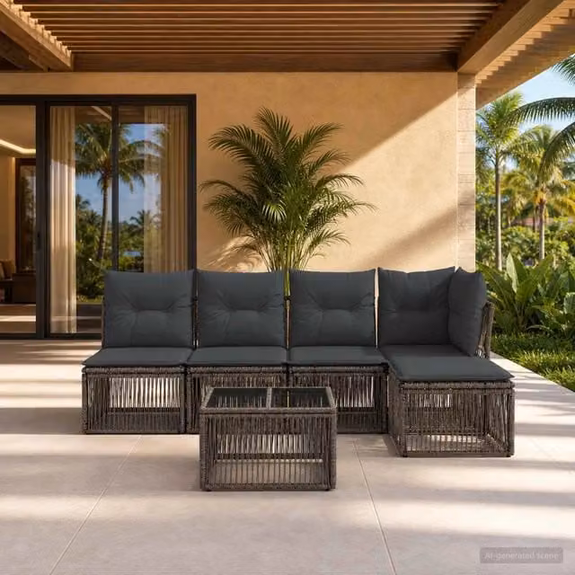 Set Divano da Giardino a L vidaXL in Polyrattan Grigio con Cuscini e Tavolino da Esterno – 1