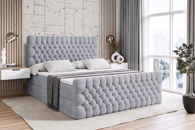 Letto boxspring ALTDECOR con pediera, materasso H3 e topper - 160 x 200 cm - SERENE-Z - Velluto grigio chiaro - Letto imbottito con contenitore e rete a doghe, letto con spazio contenitivo