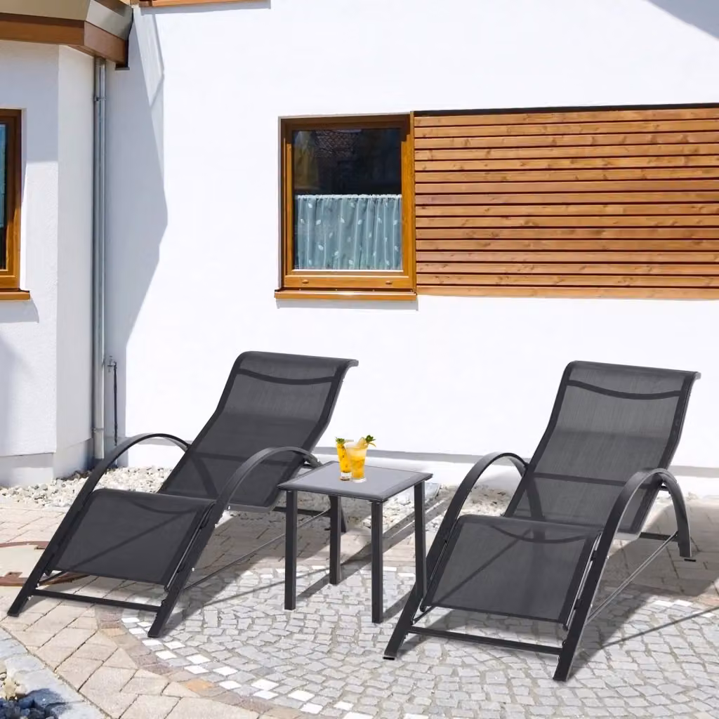 Set di 2 lettini prendisole con tavolino GIORDANOSHOP in metallo nero e tessuto traspirante L/P/H: 169 x 59 x 66 cm – 2