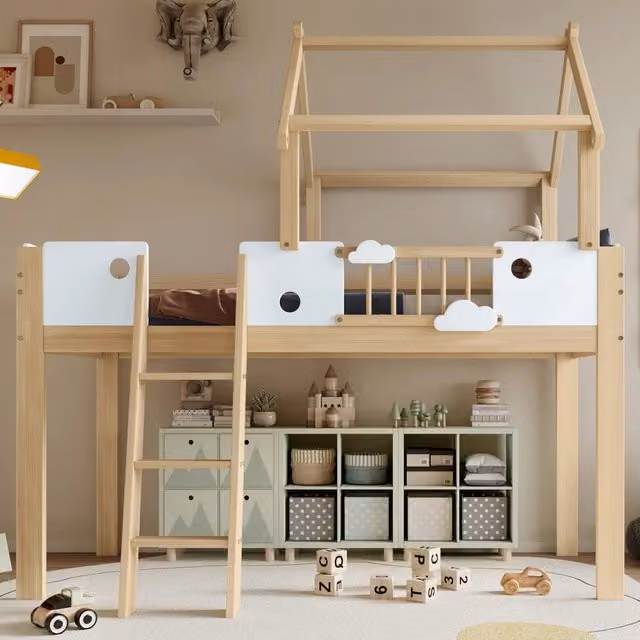 Letto a castello per bambini - Zephmum- 90x200 cm - Bianco+Naturale - Con protezione antiscivolo, design tetto unico, scala inclinata a tre livelli, telaio in pino