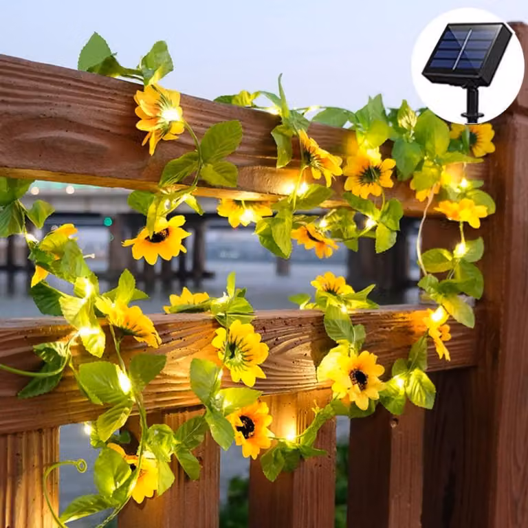 Catena luminosa a forma di girasole, 20 LED, 2 metri, alimentazione solare, luce bianco caldo
