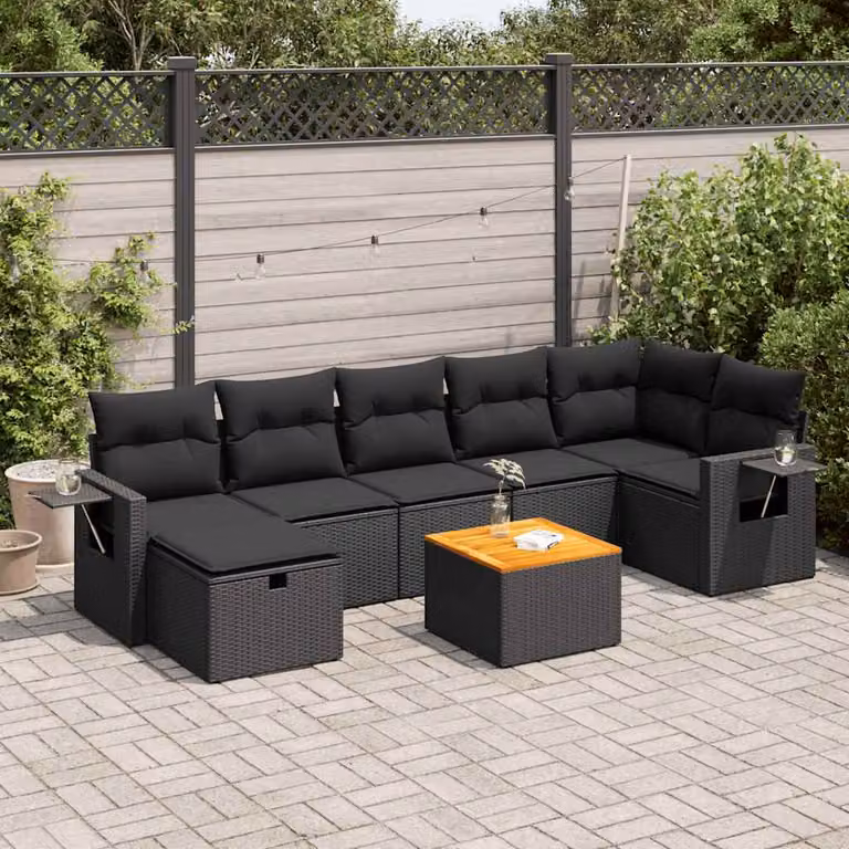 Set di divani da giardino vidaXL a forma di L in polyrattan nero con cuscini e tavolino da esterno
