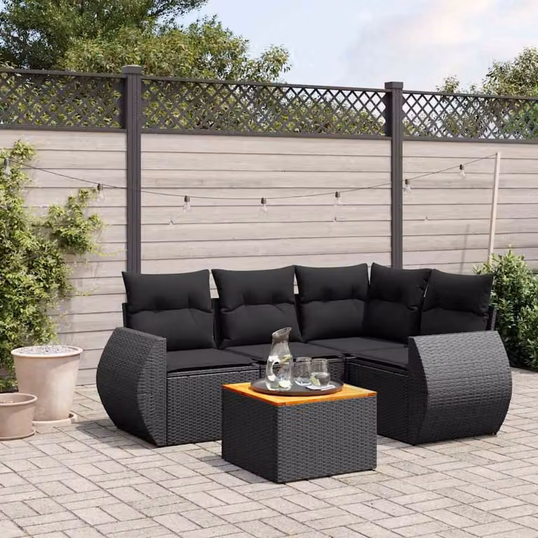 vidaXL Set Divani da Giardino 5 pz a Forma a L con Cuscini e Tavolino Nero