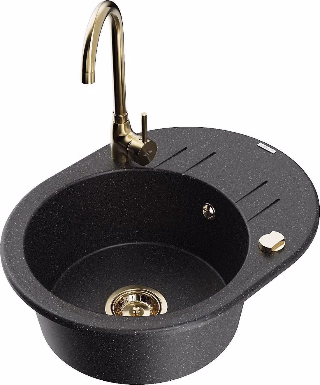 Mexen Kevin lavello in granito a 1 vasca con scolapiatti e rubinetto da cucina Telma, nero/argento metallizzato