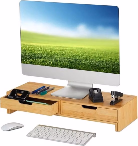 Piedistallo regolabile per 2 monitor in bamboo marrone con prese integrate L/P/H: 107 x 22 x 11 cm