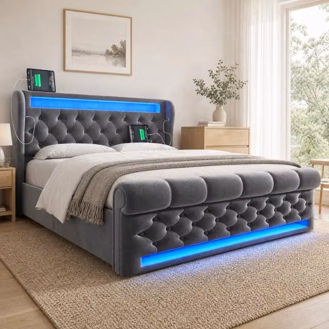 Letto matrimoniale contenitore 140 x 200 cm in velluto grigio con LED; USB e Type-C