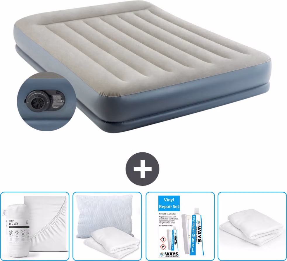 Letto ad aria Intex - 2 persone - 152 x 203 x 30 cm - Grigio - Incluso pompa - Lenzuolo di ricambio - Bacio - Kit di riparazione en Protezione cuscino