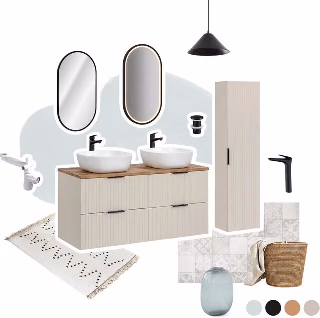 Mobile lavabo bagno Vedea Adel Cashmere beige con ante a cerniera e cassetti, sospeso, design moderno