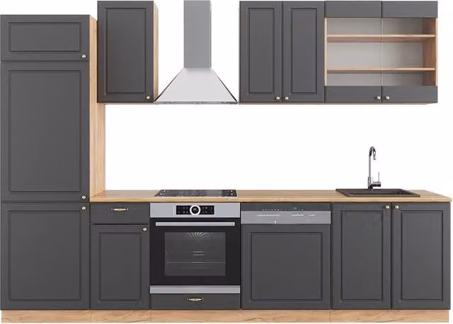 Cucina componibile Fame-Line Vicco in stile rustico, colore Antracite e Rovere dorato, L: 300 cm, H: 201,4 cm, P: 60 cm