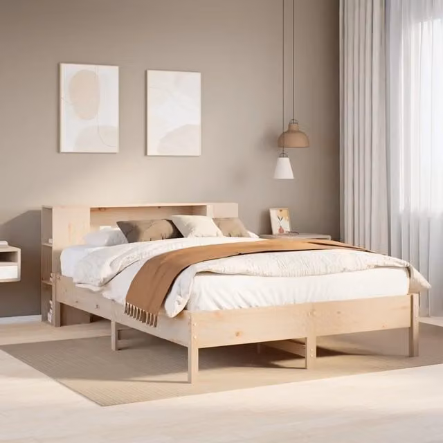 Letto Libreria vidaXL in Legno di Pino Naturale con Ripiani Laterali Marrone L: 141 cm, P: 190 cm, H: 82 cm – 1
