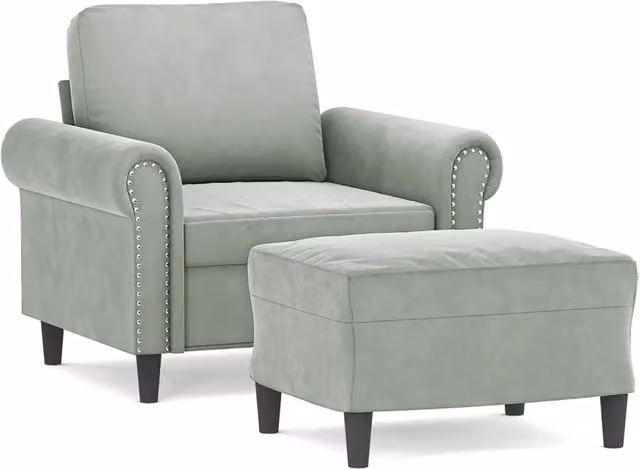Poltrona Relax con Poggiapiedi in Velluto Grigio con Braccioli e Struttura in Metallo e MDF