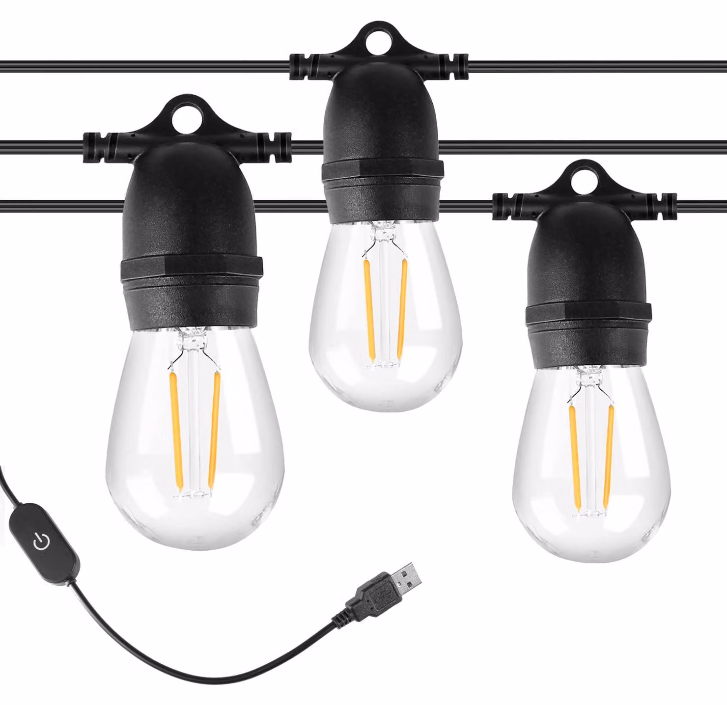 Catena luminosa USB, lunghezza 7,5 metri, 10 LED S14, luce bianco caldo, dimmerabile