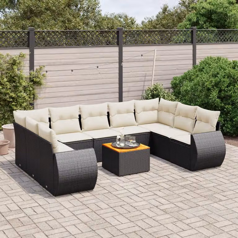 Set di divani da giardino vidaXL in polyrattan nero con cuscini e tavolino da esterno